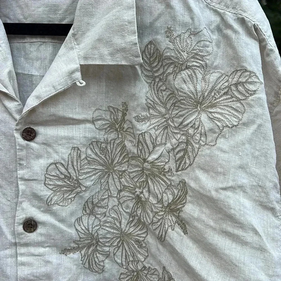 Tommy Bahama Cream Linen embroidered floral button down shirt XXL - Picture 2 of 6